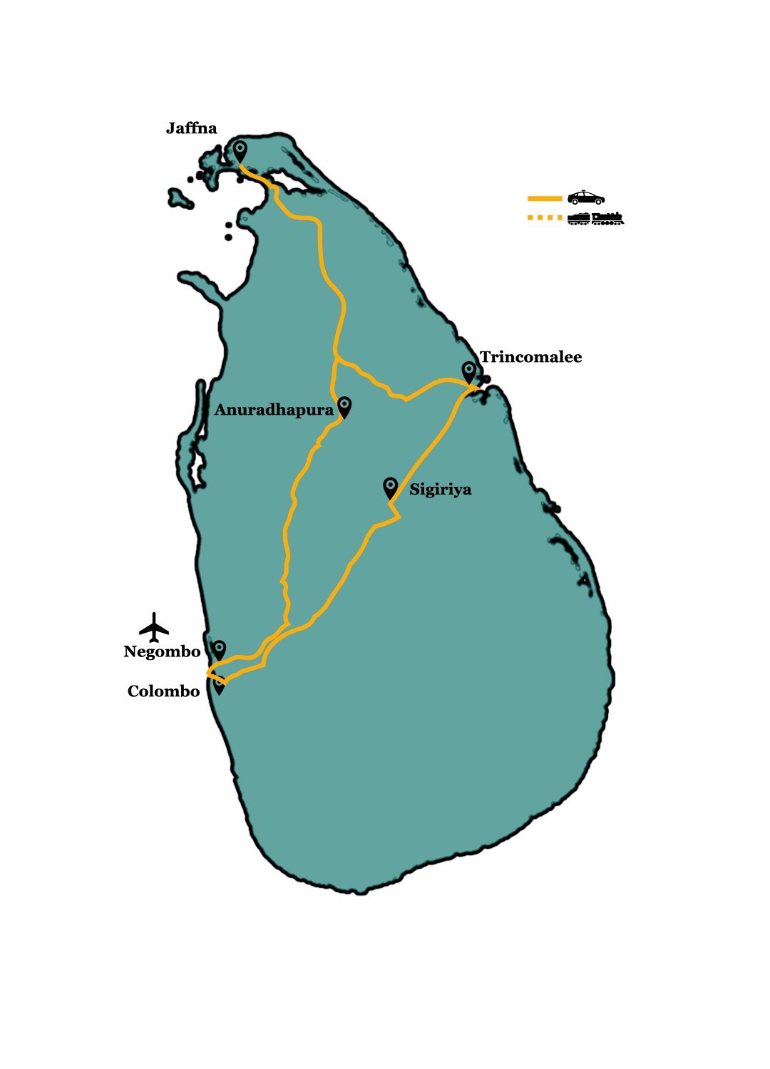 North & East Sri Lanka Tour Route