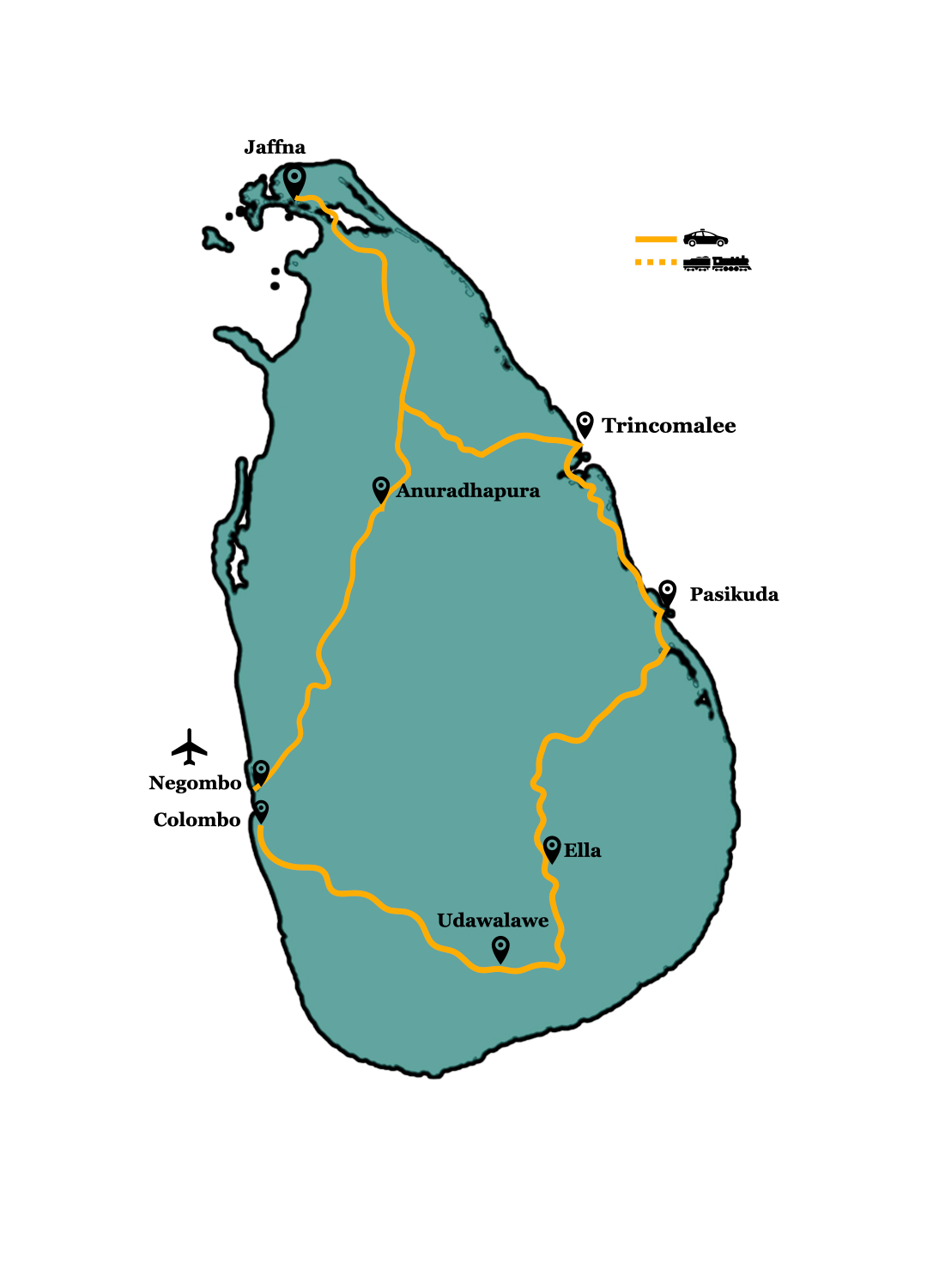 Route of the 14-day Northern and Eastern Sri Lanka tour