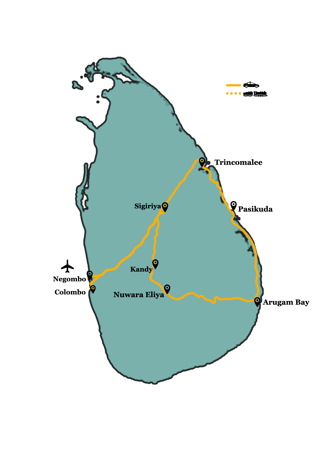 Route of the Sri Lanka Grand East Coast Tour